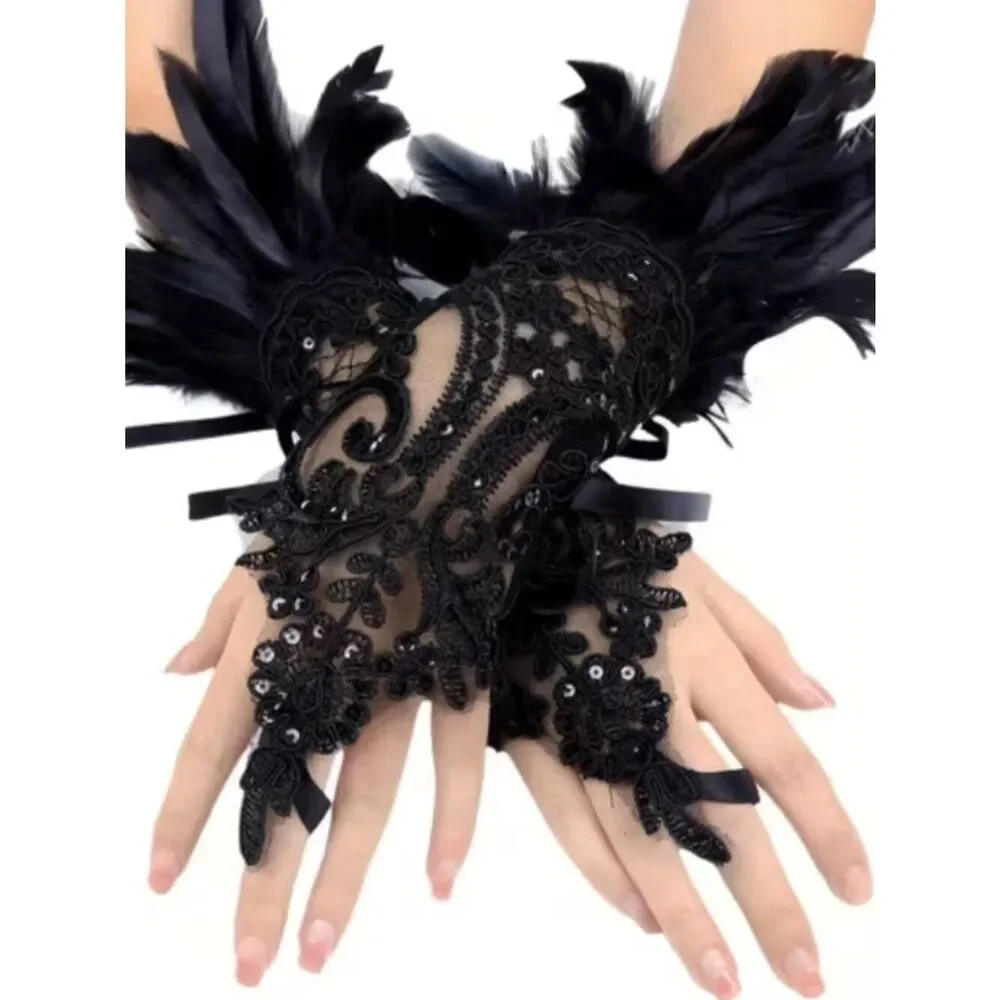 NWT Gothic Black Lace Feather Fingerless Gloves Witch Halloween Cosplay Cuffs